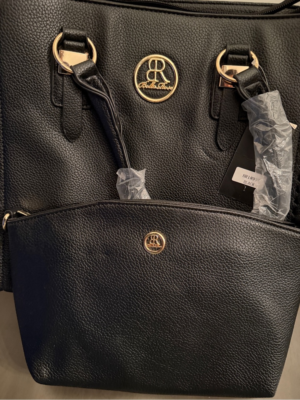 Bella Rose Black Pebbled Tote Bag with Gold Hardware